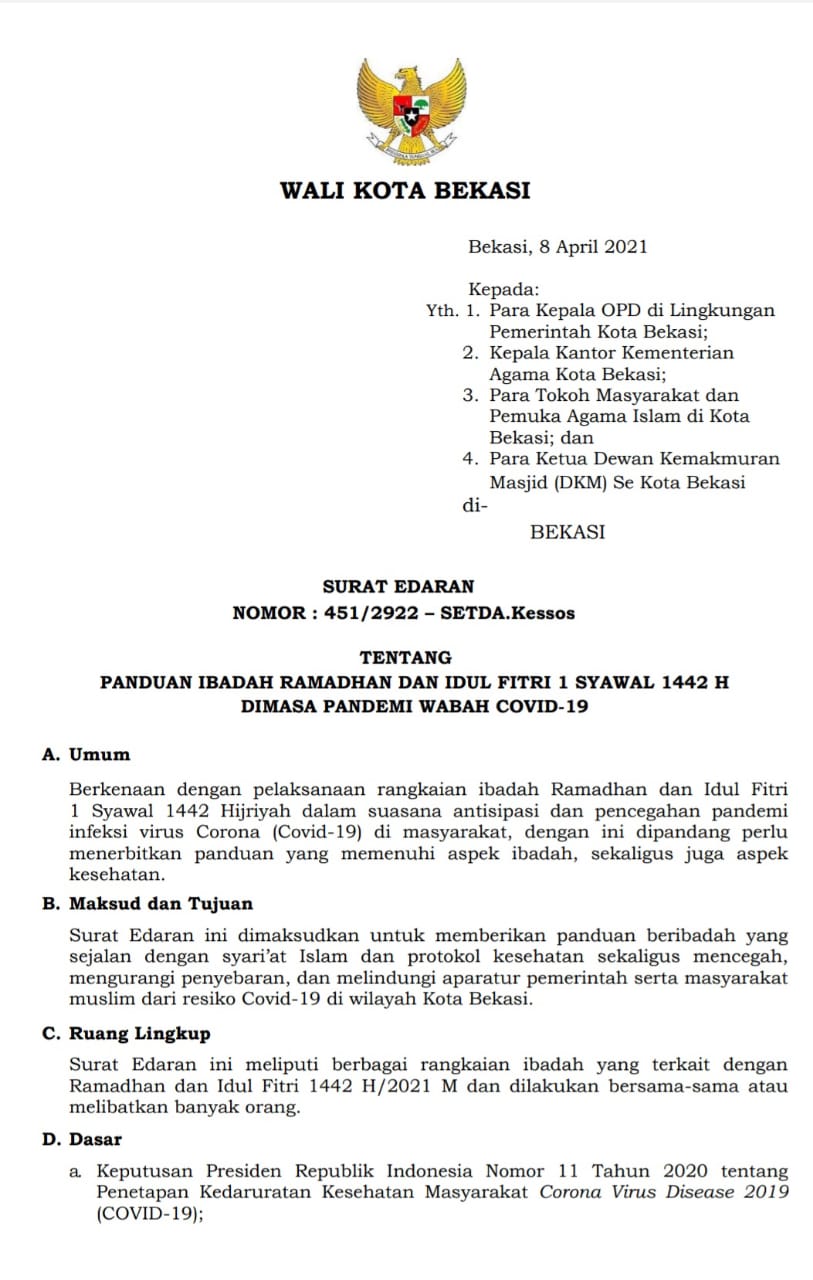 Pemerintah Kota Bekasi Panduan Ibadah Ramadhan Idul Fitri 1 Syawal 1442 H Di Masa Pandemi Kota Bekasi