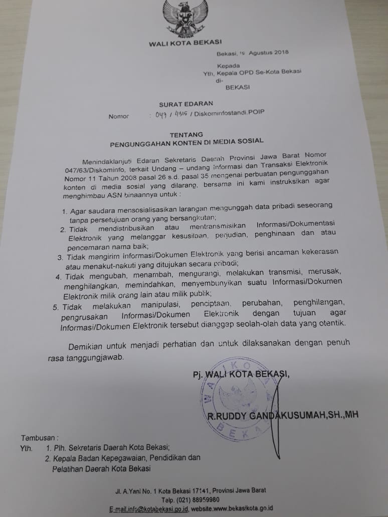 Pemerintah Kota Bekasi Surat Edaran Tentang Unggahan