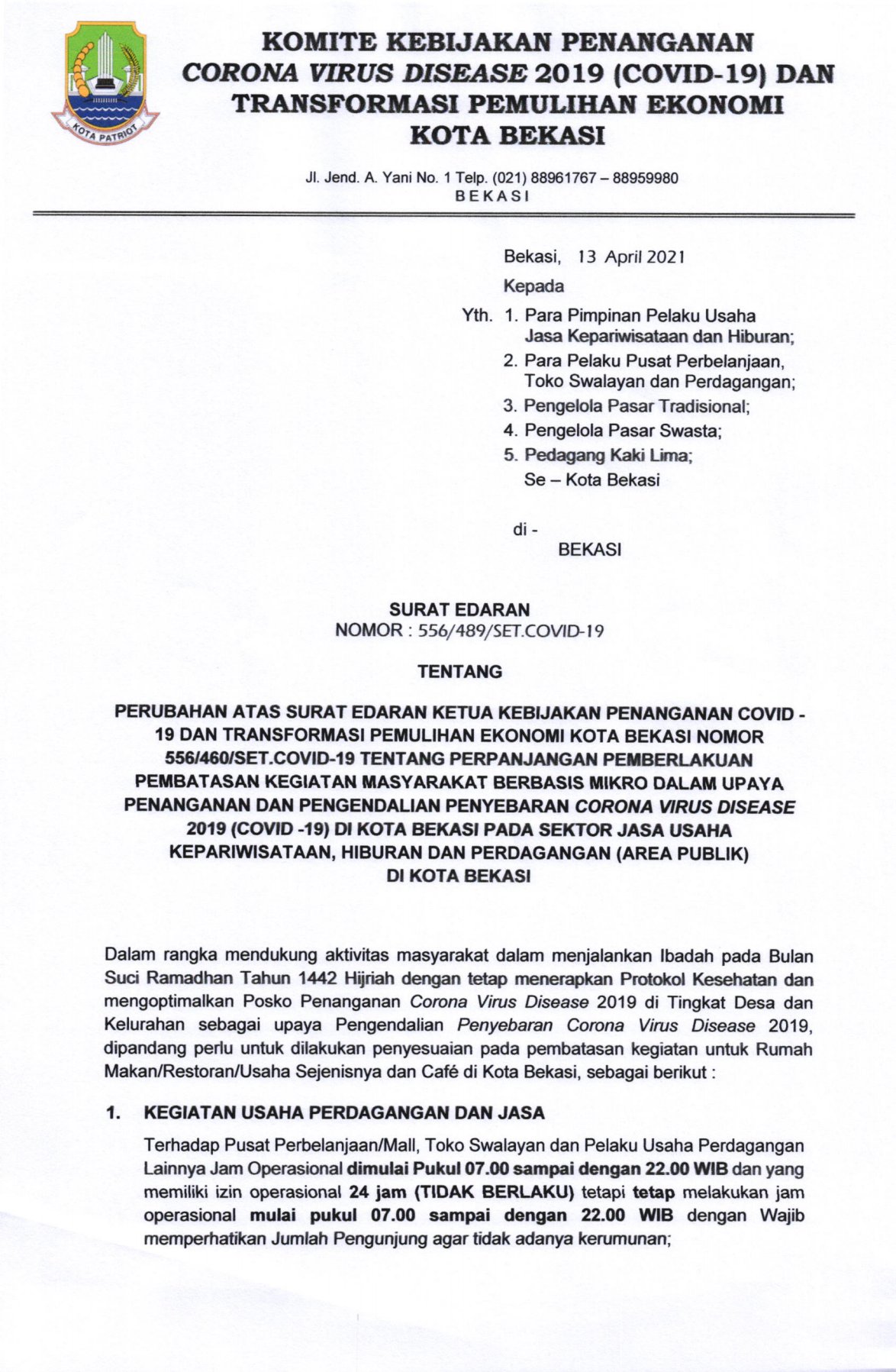 Pemerintah Kota Bekasi Penyesuaian Jam Operasional Terhadap Rumah Makan Restoran Usaha Sejenisnya
