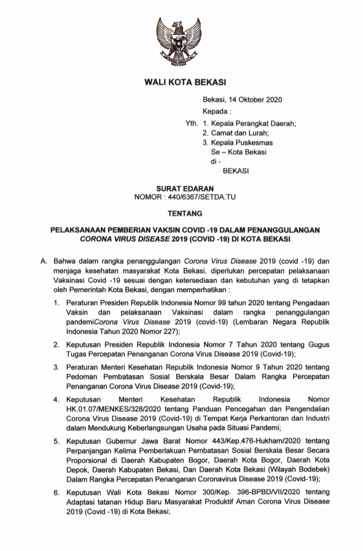 Pemerintah Kota Bekasi Pemkot Bekasi Akan Gelar Vaksinasi Covid 19 Awal 2021 Secara Bertahap
