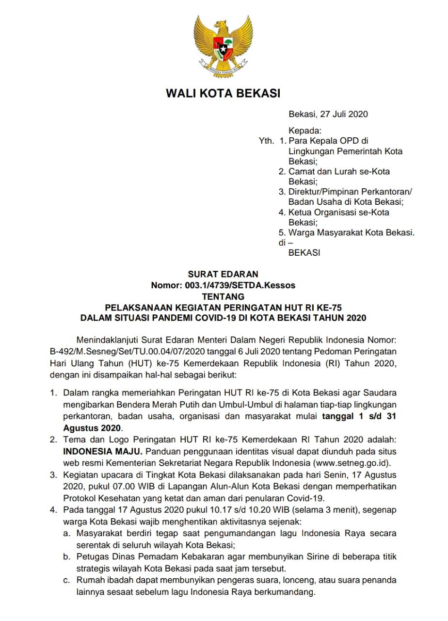 Pemerintah Kota Bekasi Panduan Pelaksanaan Kegiatan Hut Ri Ke 75 Dalam Situasi Pandemi Covid 19 Di Kota Bekasi