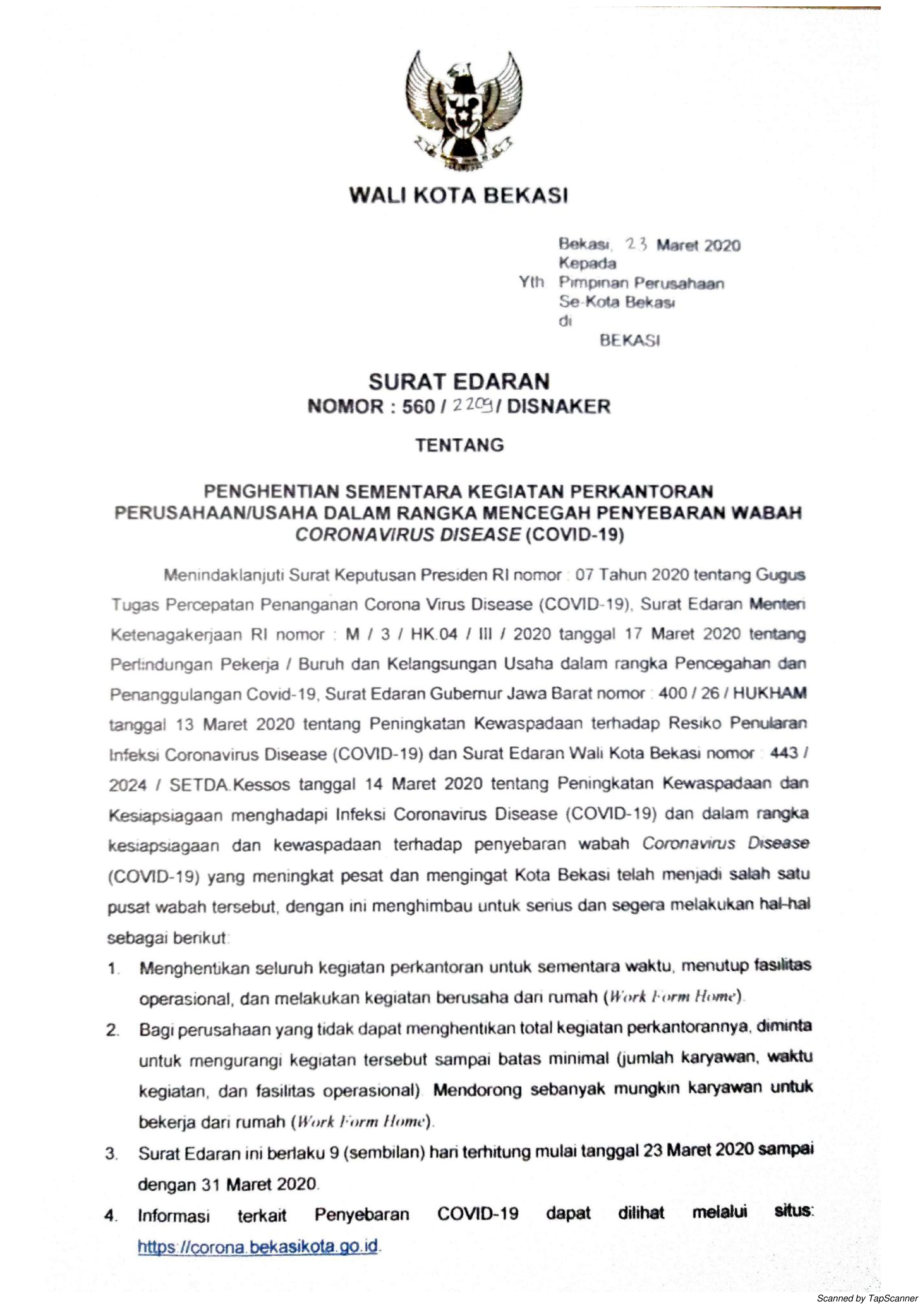 Pemerintah Kota Bekasi Surat Edaran Penghentian Sementara Kegiatan Perkantoran Dalam Rangka Mencegah Penyebaran Covid