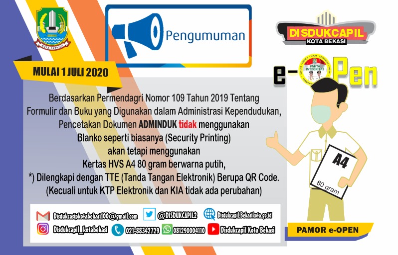 Pemerintah Kota Bekasi Mulai 1 Juli 2020 Pencetakan Adminduk Kecuali E Ktp Dan Kia Dapat Dilakukan Mandiri