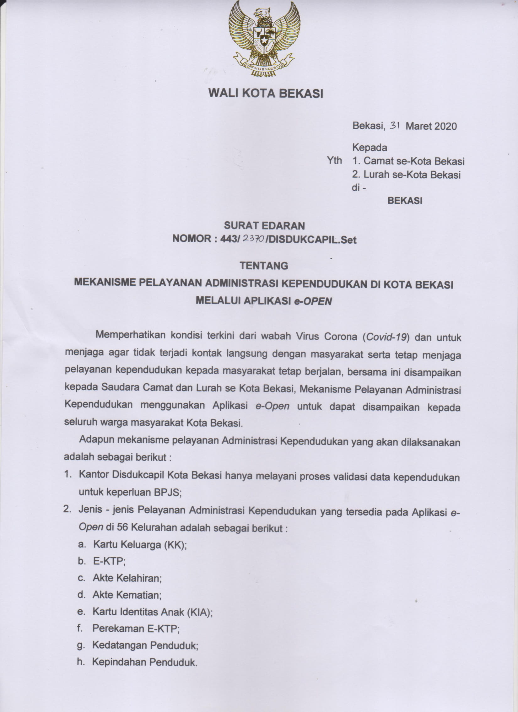 Pemerintah Kota Bekasi Surat Edaran Mekanisme Pelayanan Administrasi Kependudukan Di Kota Bekasi Melalui Aplikasi E Open